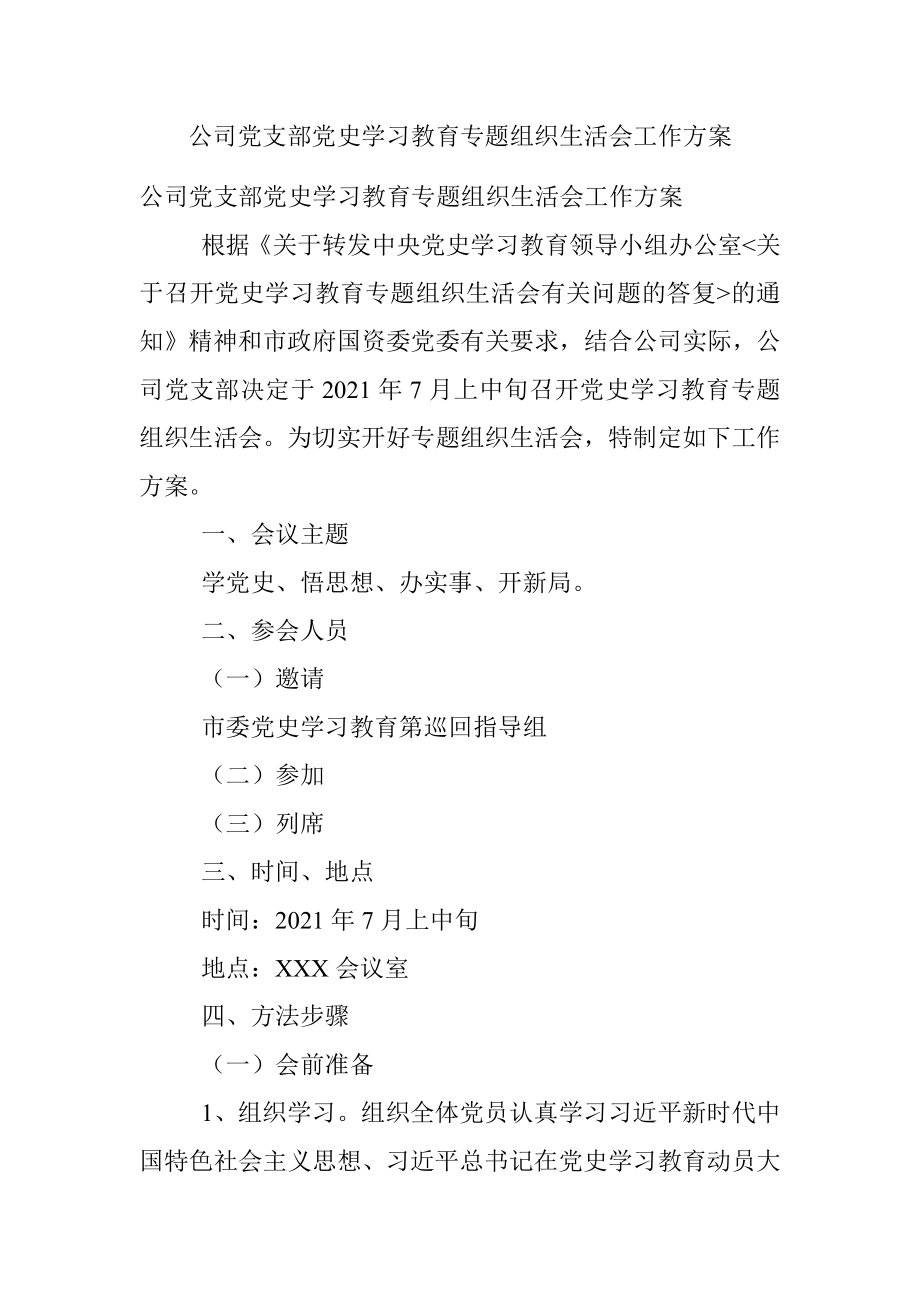 公司党支部党史学习教育专题组织生活会工作方案.docx_第1页