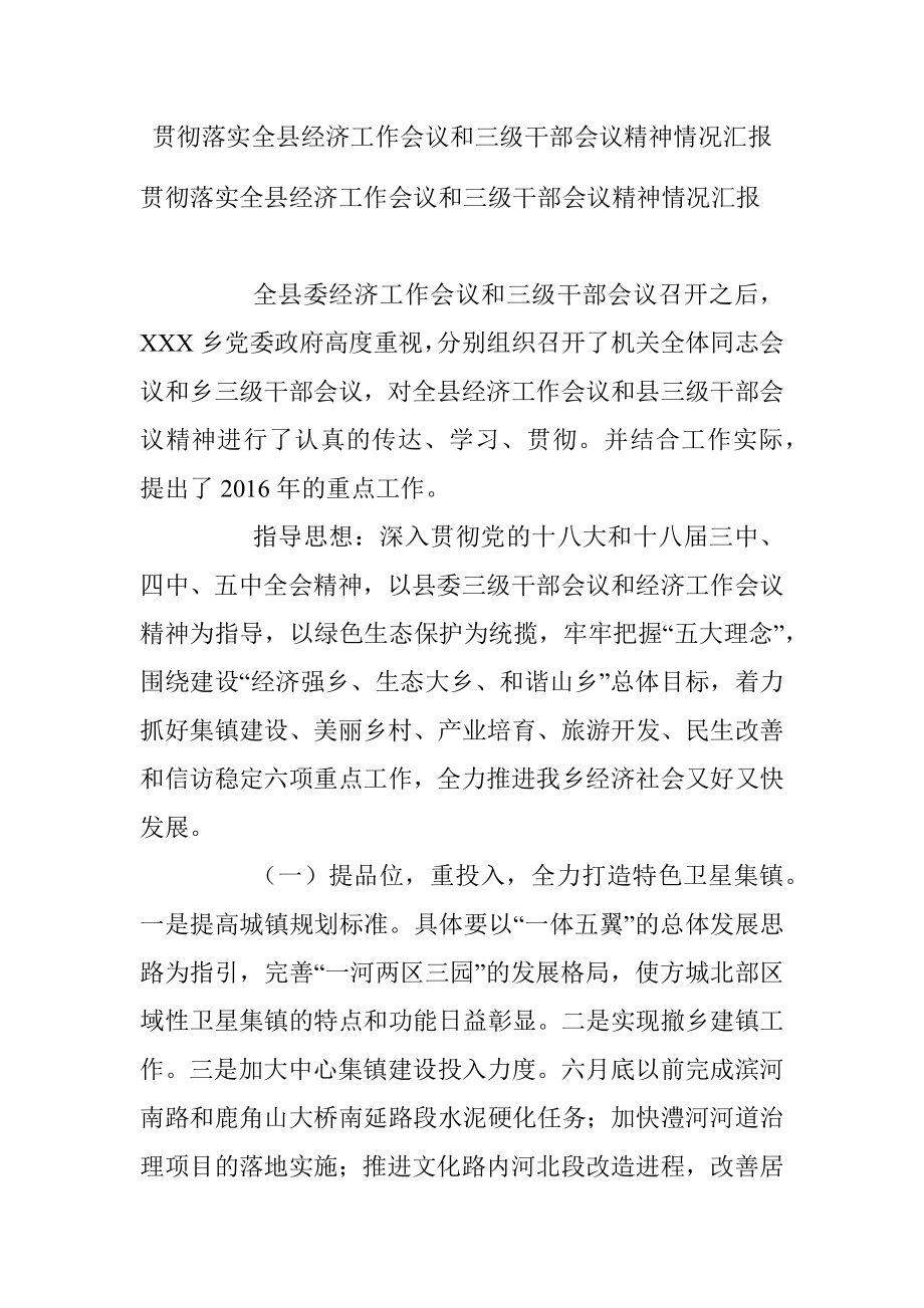 贯彻落实全县经济工作会议和三级干部会议精神情况汇报.docx_第1页