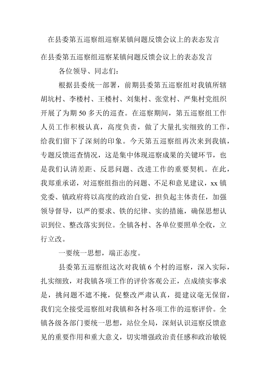 在县委第五巡察组巡察某镇问题反馈会议上的表态发言.docx_第1页