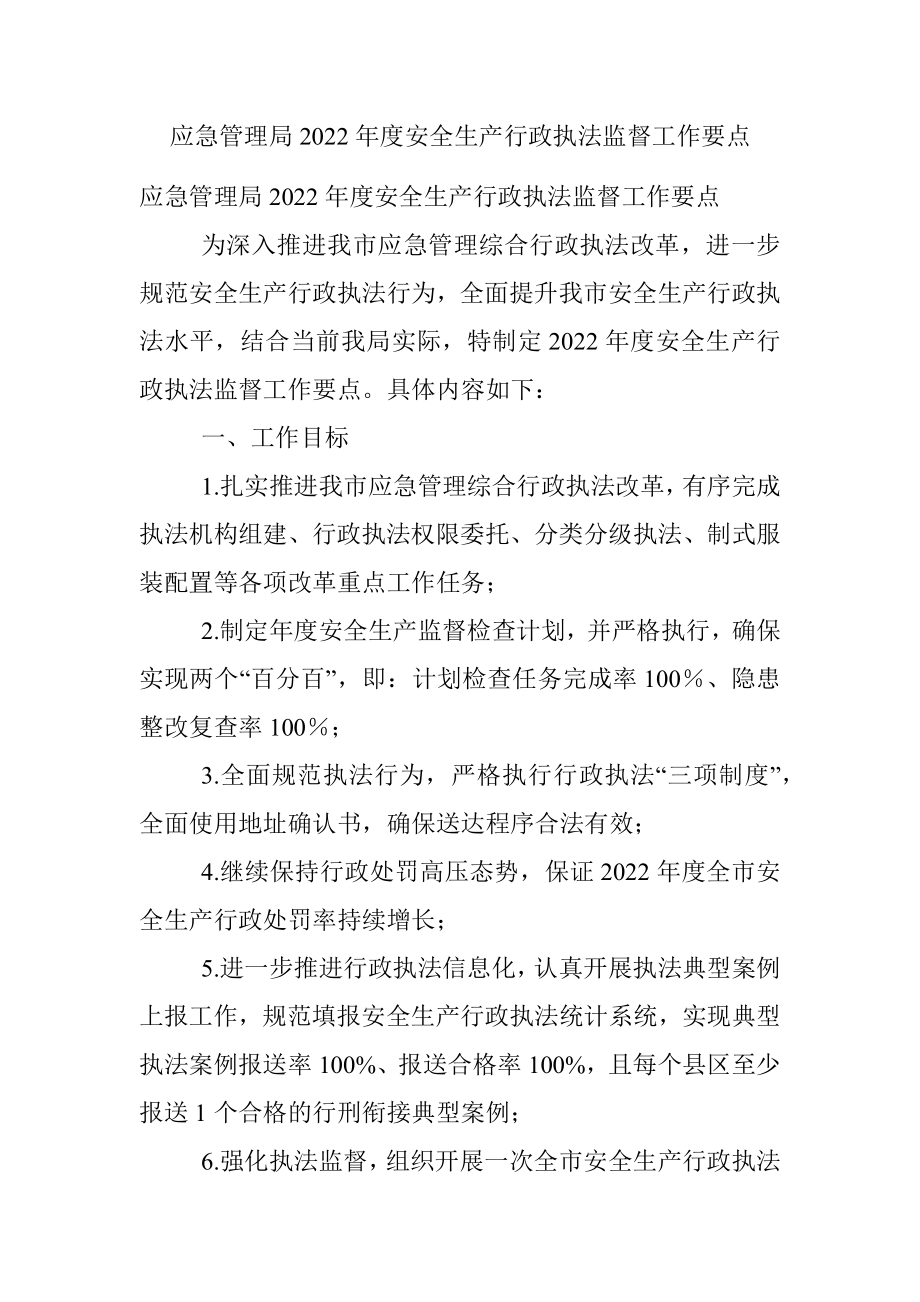 应急管理局2022年度安全生产行政执法监督工作要点.docx_第1页