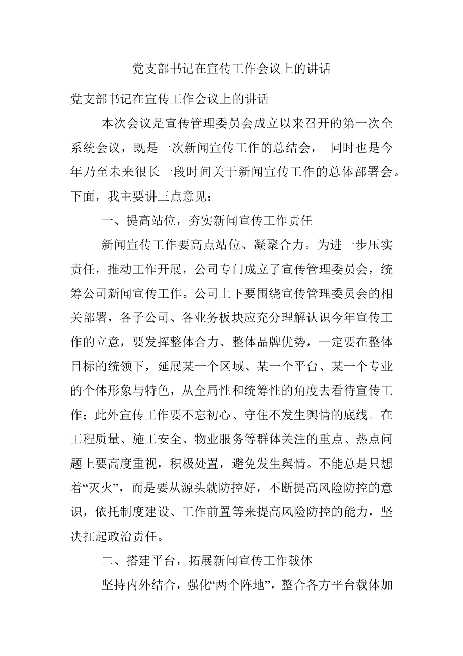 党支部书记在宣传工作会议上的讲话.docx_第1页