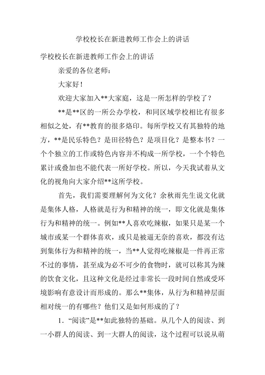 学校校长在新进教师工作会上的讲话.docx_第1页