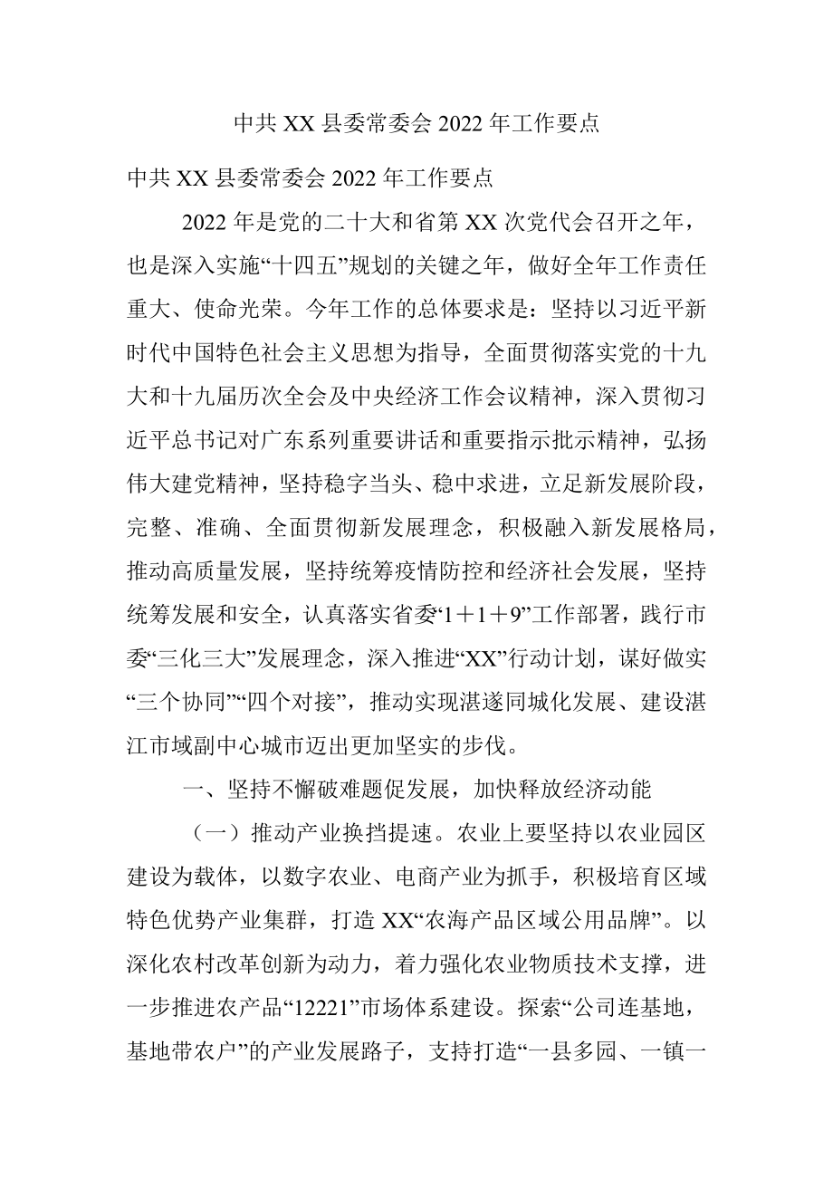 中共XX县委常委会2022年工作要点.docx_第1页