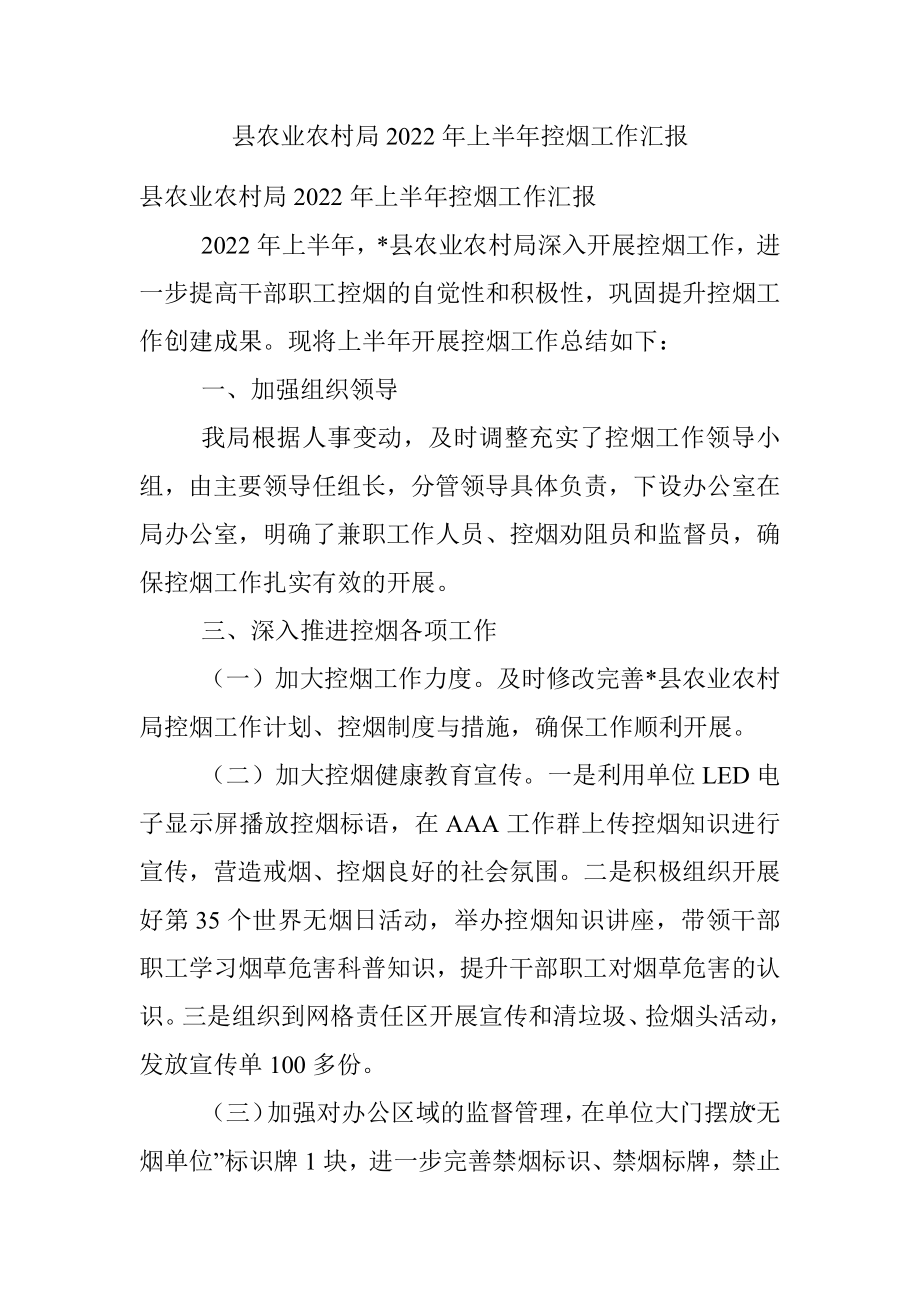 县农业农村局2022年上半年控烟工作汇报.docx_第1页