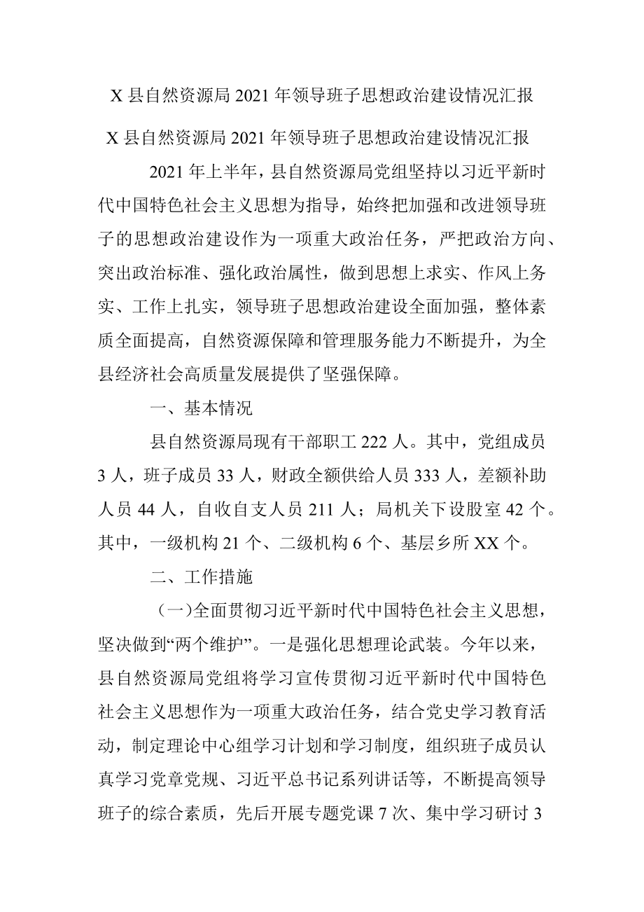 X县自然资源局2021年领导班子思想政治建设情况汇报.docx_第1页