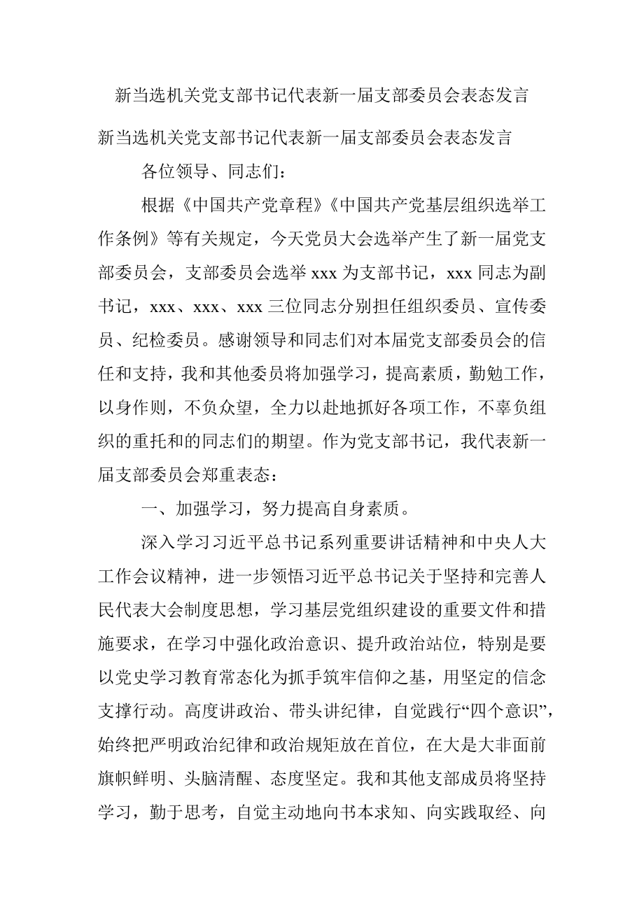 新当选机关党支部书记代表新一届支部委员会表态发言.docx_第1页