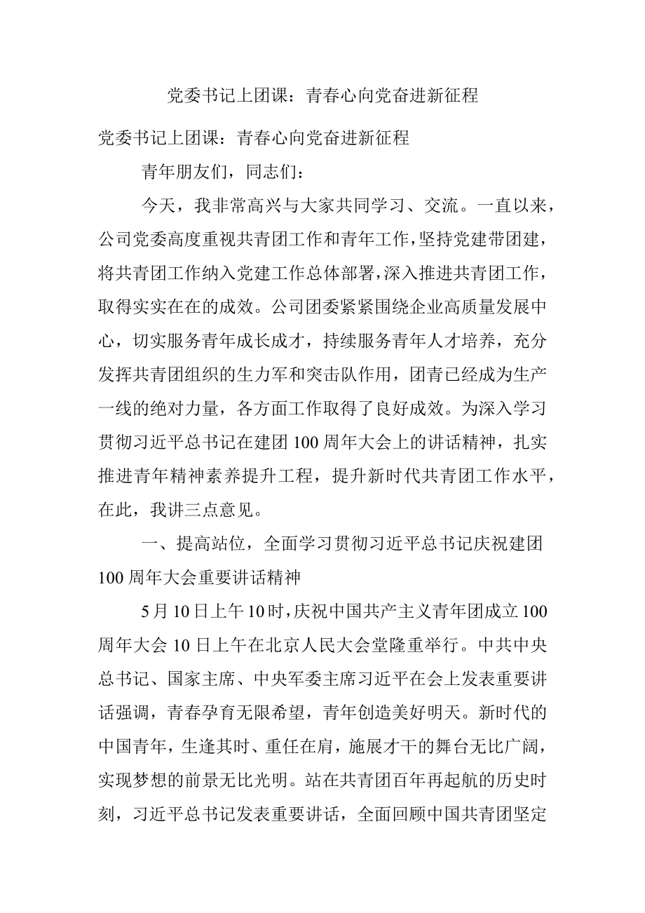 党委书记上团课：青春心向党奋进新征程.docx_第1页