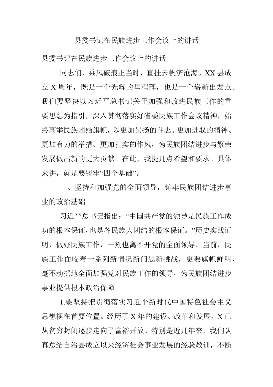 县委书记在民族进步工作会议上的讲话.docx_第1页