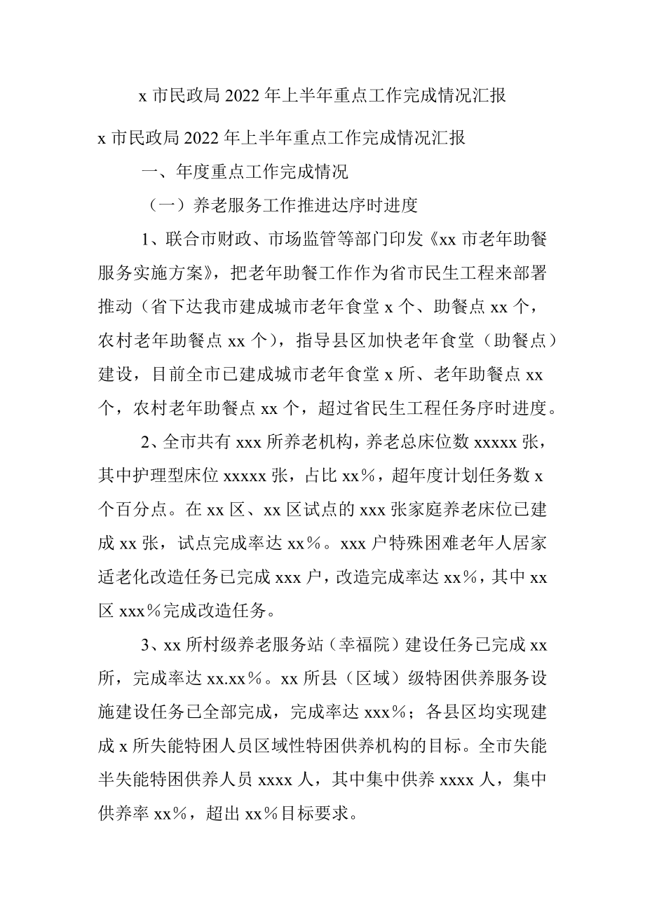 x市民政局2022年上半年重点工作完成情况汇报.docx_第1页