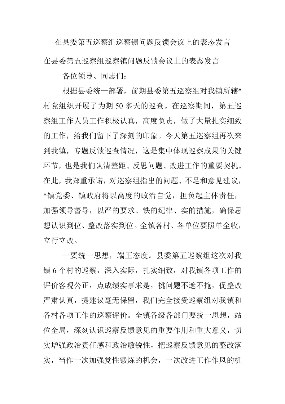 在县委第五巡察组巡察镇问题反馈会议上的表态发言.docx_第1页