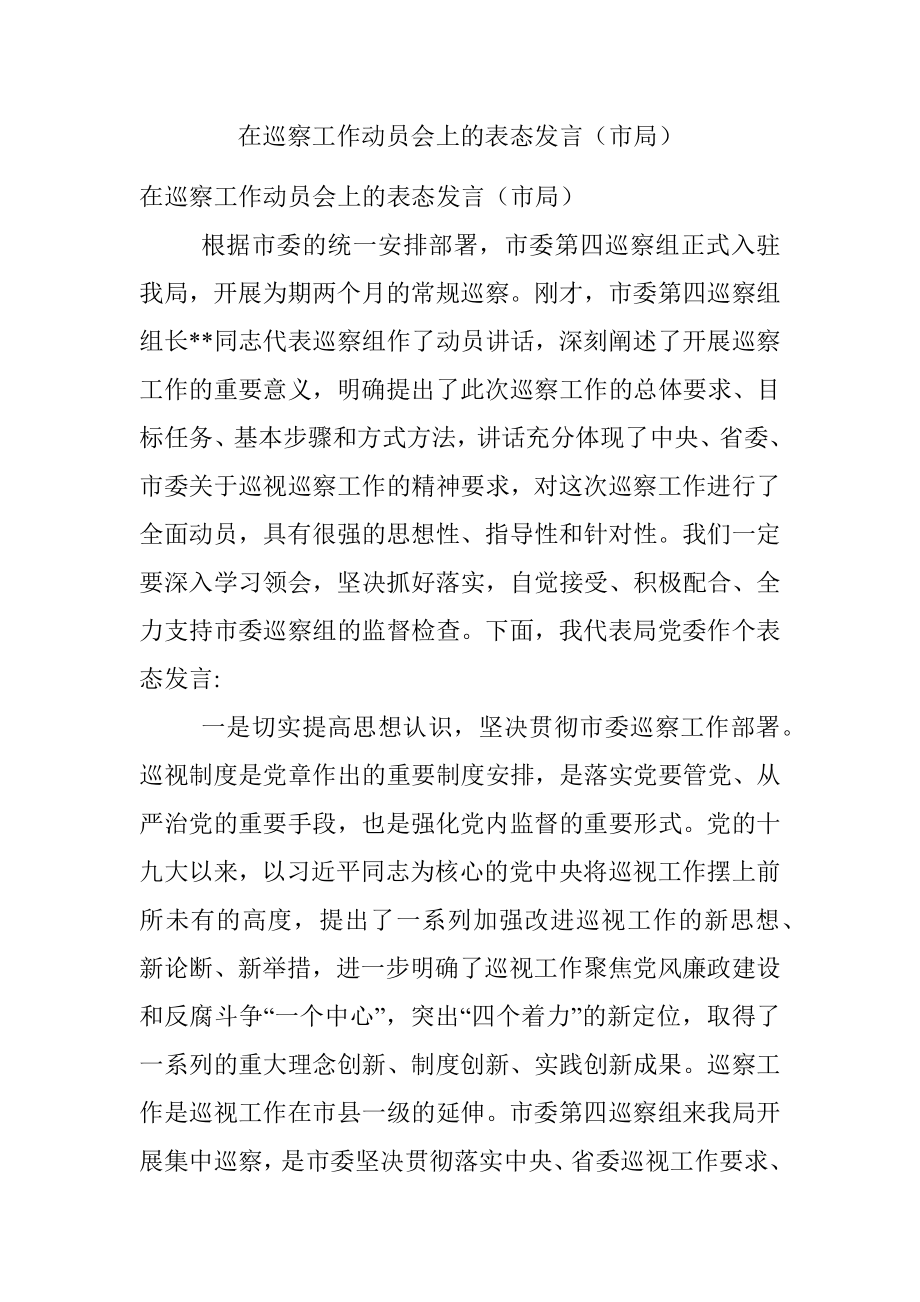 在巡察工作动员会上的表态发言（市局）_1.docx_第1页