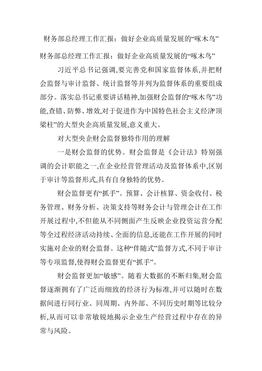 财务部总经理工作汇报：做好企业高质量发展的“啄木鸟”.docx_第1页