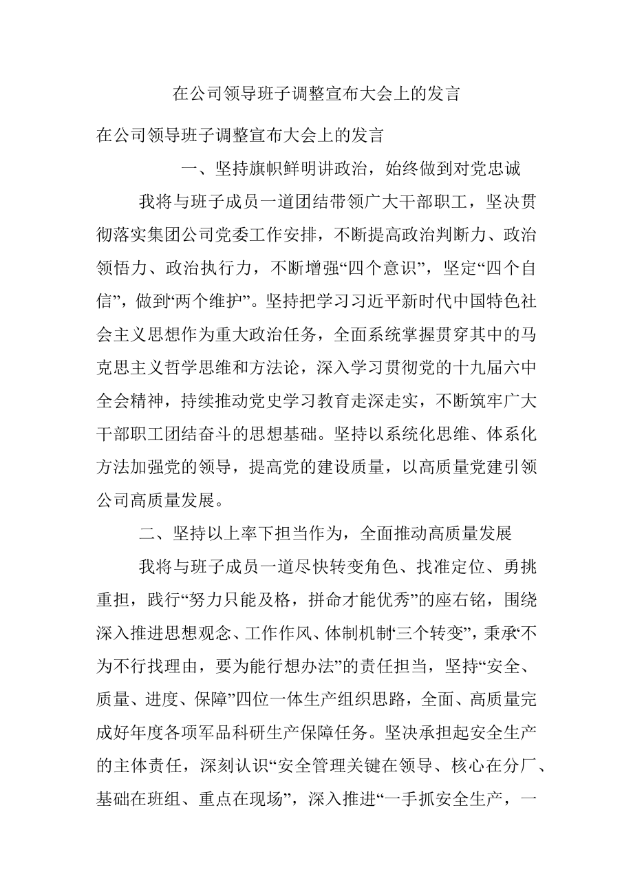 在公司领导班子调整宣布大会上的发言.docx_第1页