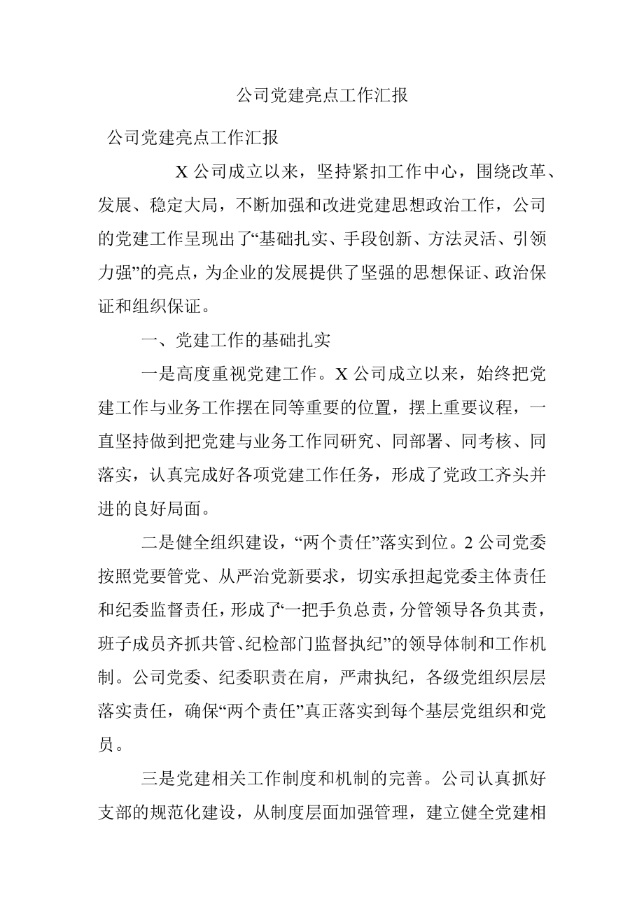 公司党建亮点工作汇报.docx_第1页