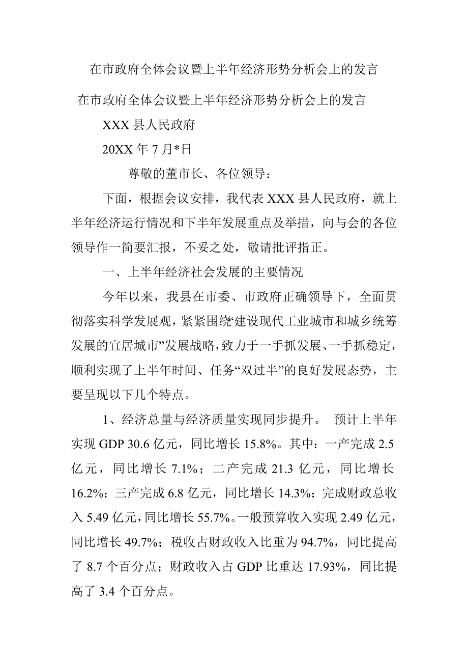 在市政府全体会议暨上半年经济形势分析会上的发言.docx_第1页