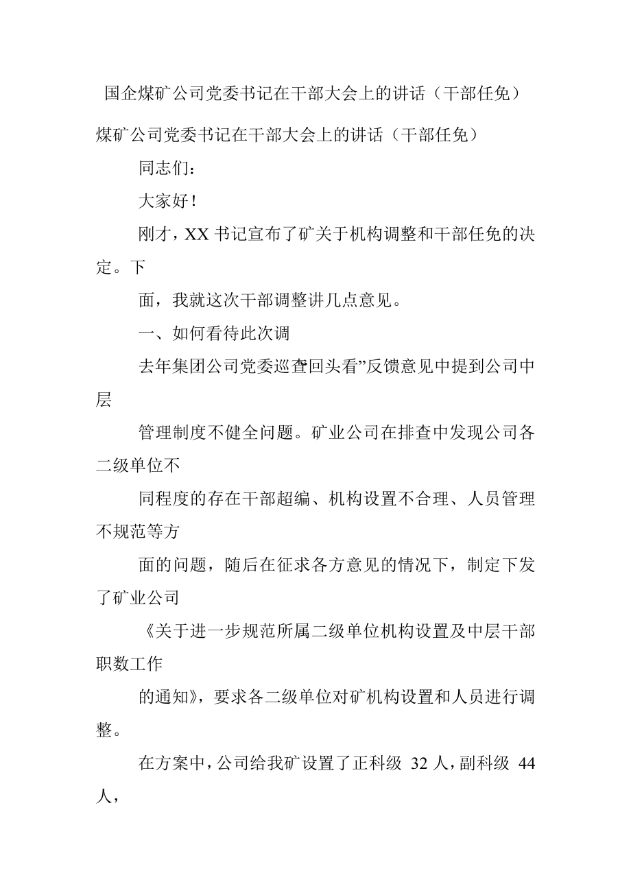 国企煤矿公司党委书记在干部大会上的讲话（干部任免）.docx_第1页