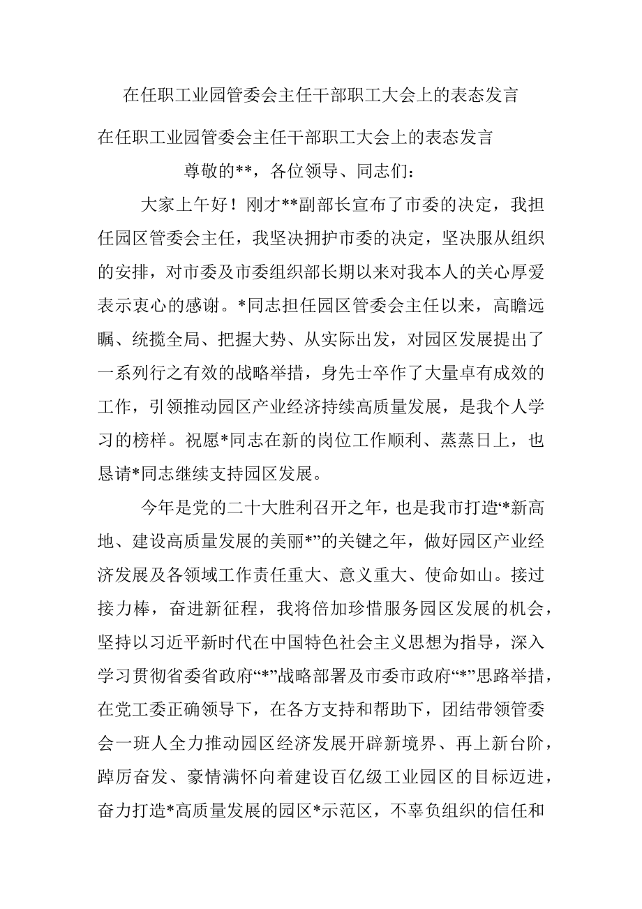 在任职工业园管委会主任干部职工大会上的表态发言_1.docx_第1页