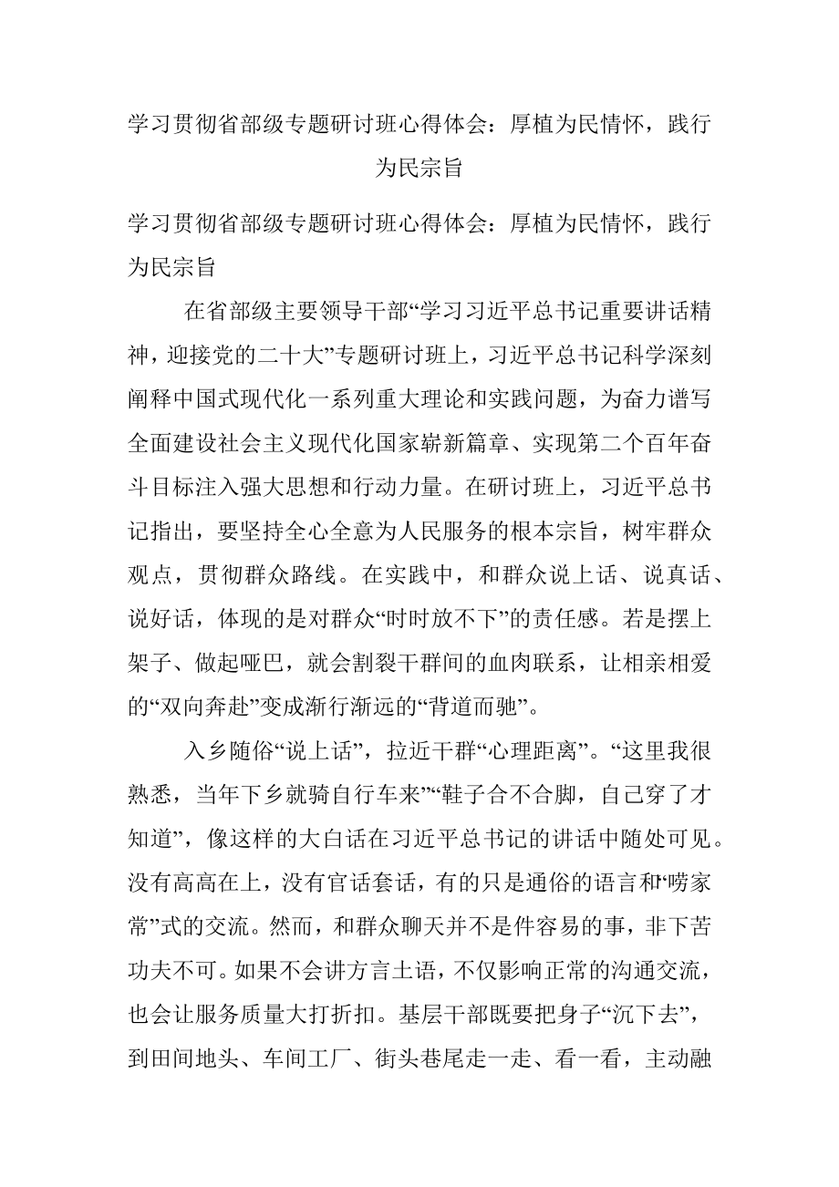 学习贯彻省部级专题研讨班心得体会：厚植为民情怀践行为民宗旨.docx_第1页