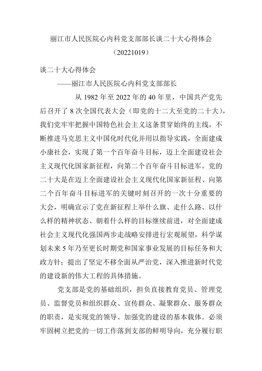 丽江市人民医院心内科党支部部长谈二十大心得体会（20221019）.docx_第1页