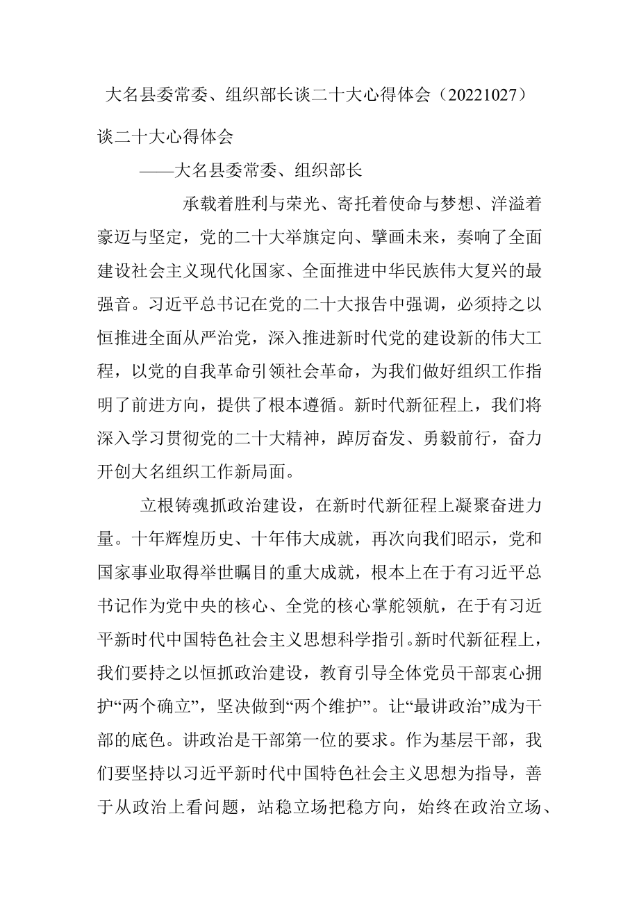 大名县委常委、组织部长谈二十大心得体会（20221027）.docx_第1页