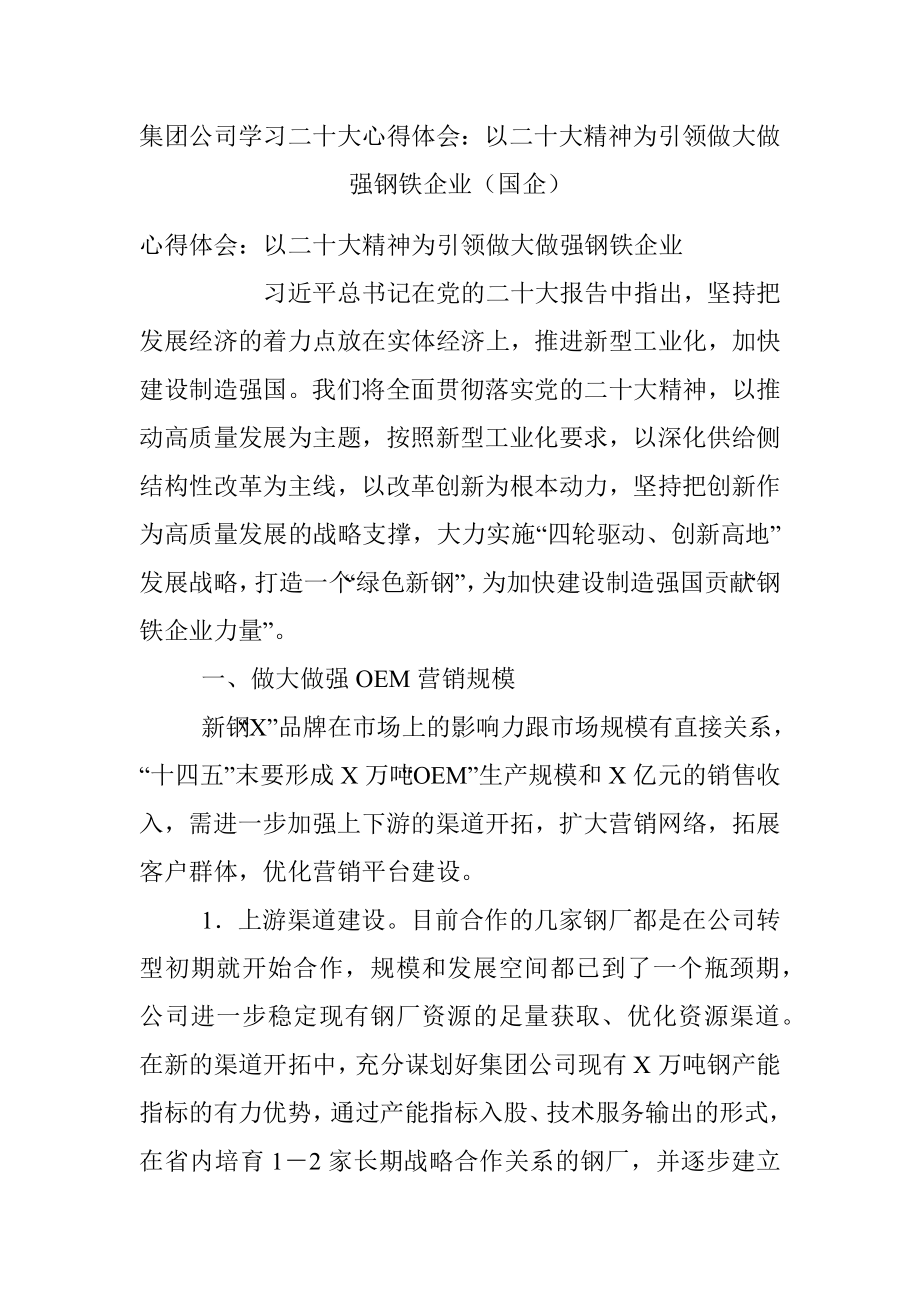 集团公司学习二十大心得体会：以二十大精神为引领做大做强钢铁企业（国企）.docx_第1页