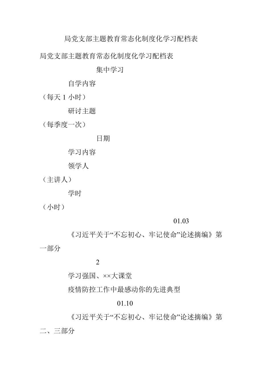 局党支部主题教育常态化制度化学习配档表.docx_第1页