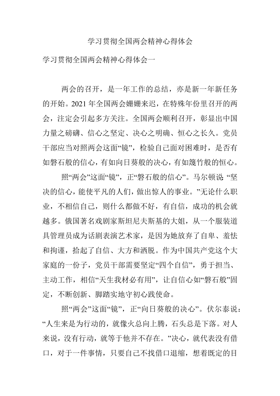 学习贯彻全国两会精神心得体会_1.docx_第1页