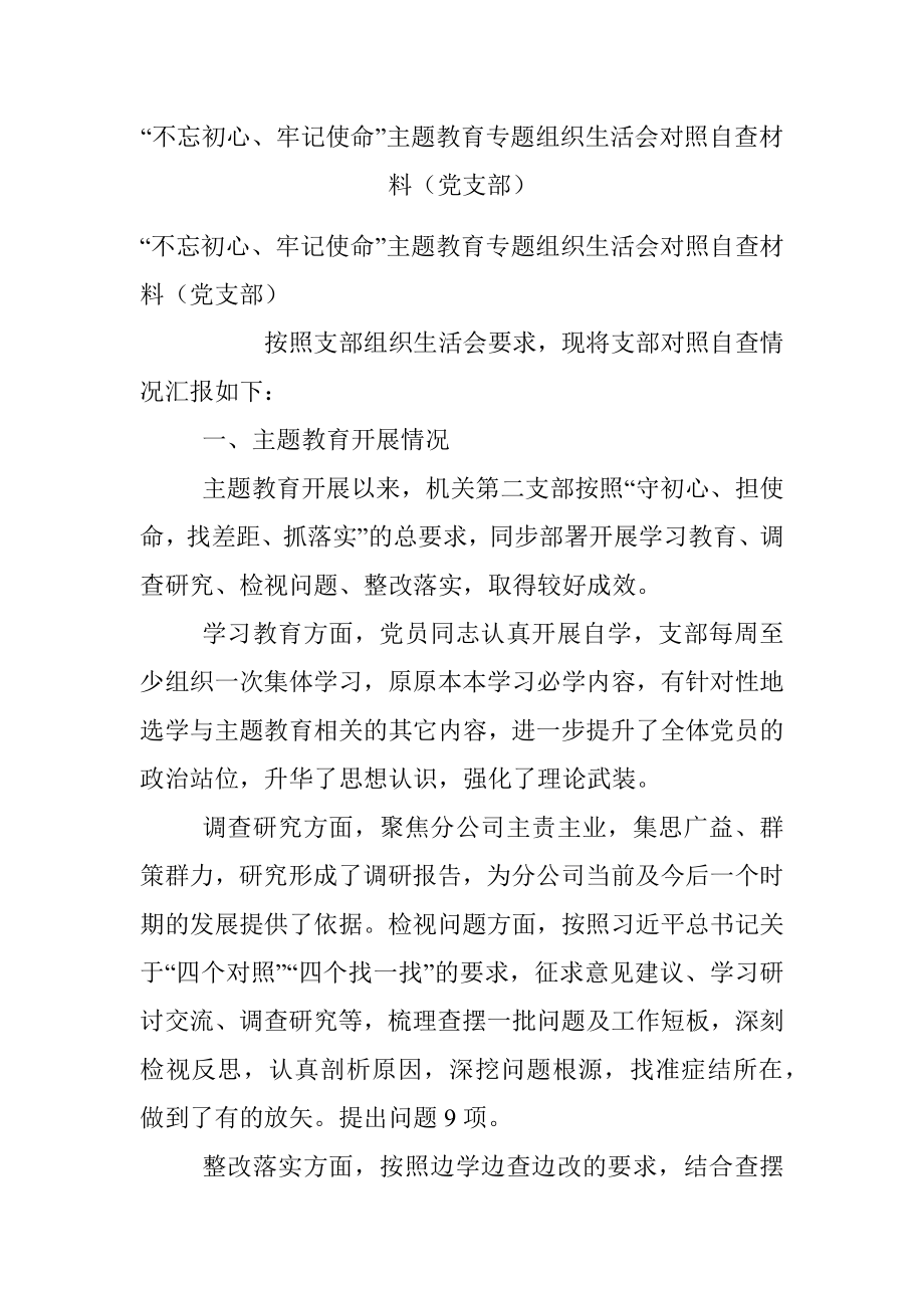 “不忘初心、牢记使命”主题教育专题组织生活会对照自查材料（党支部）.docx_第1页