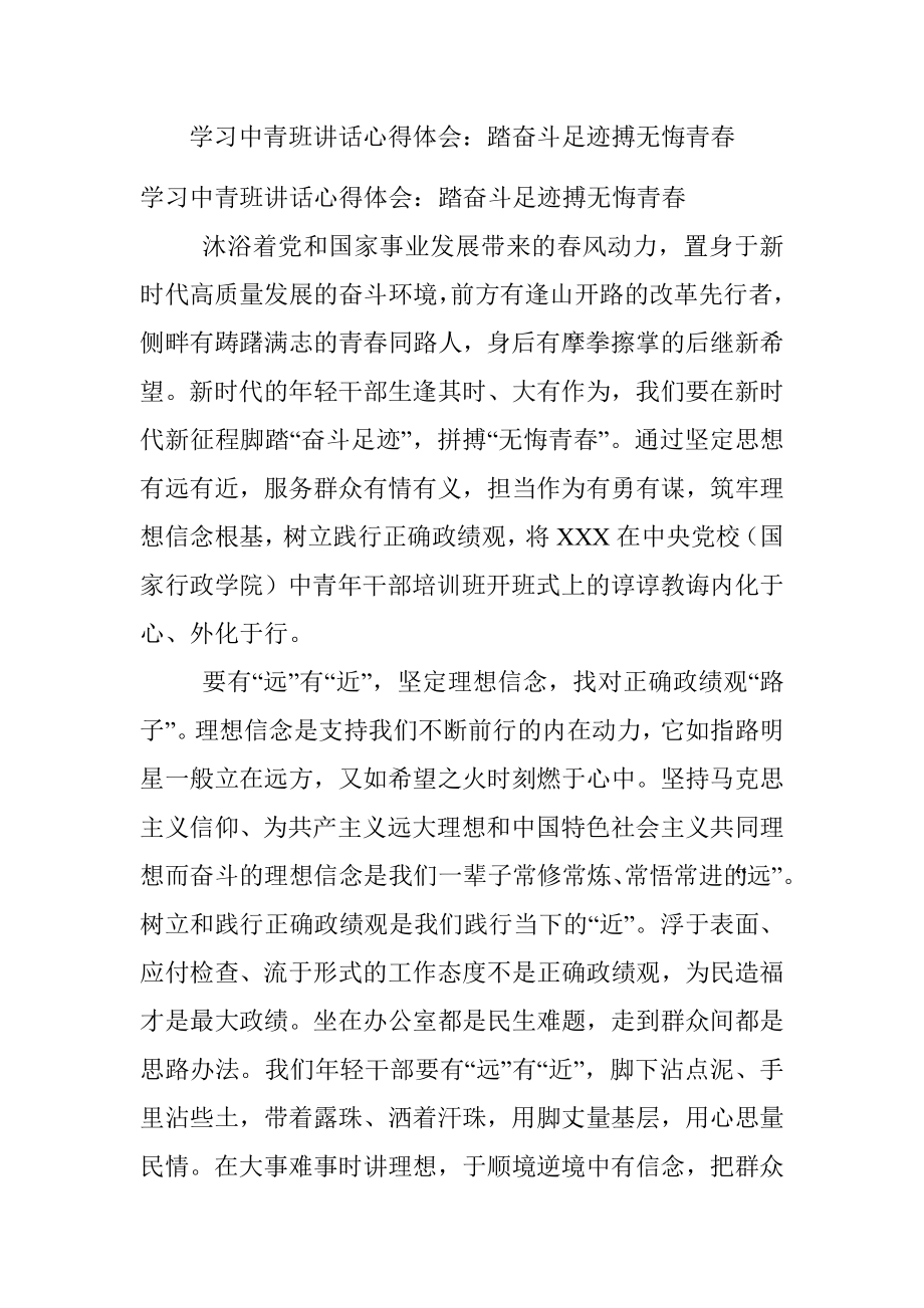 学习中青班讲话心得体会：踏奋斗足迹搏无悔青春.docx_第1页