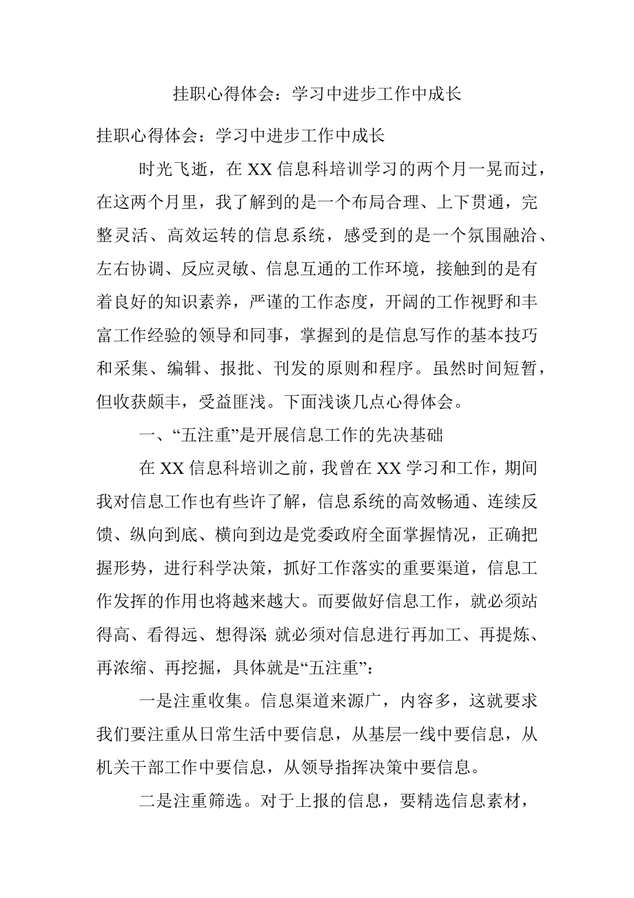 挂职心得体会：学习中进步工作中成长.docx_第1页