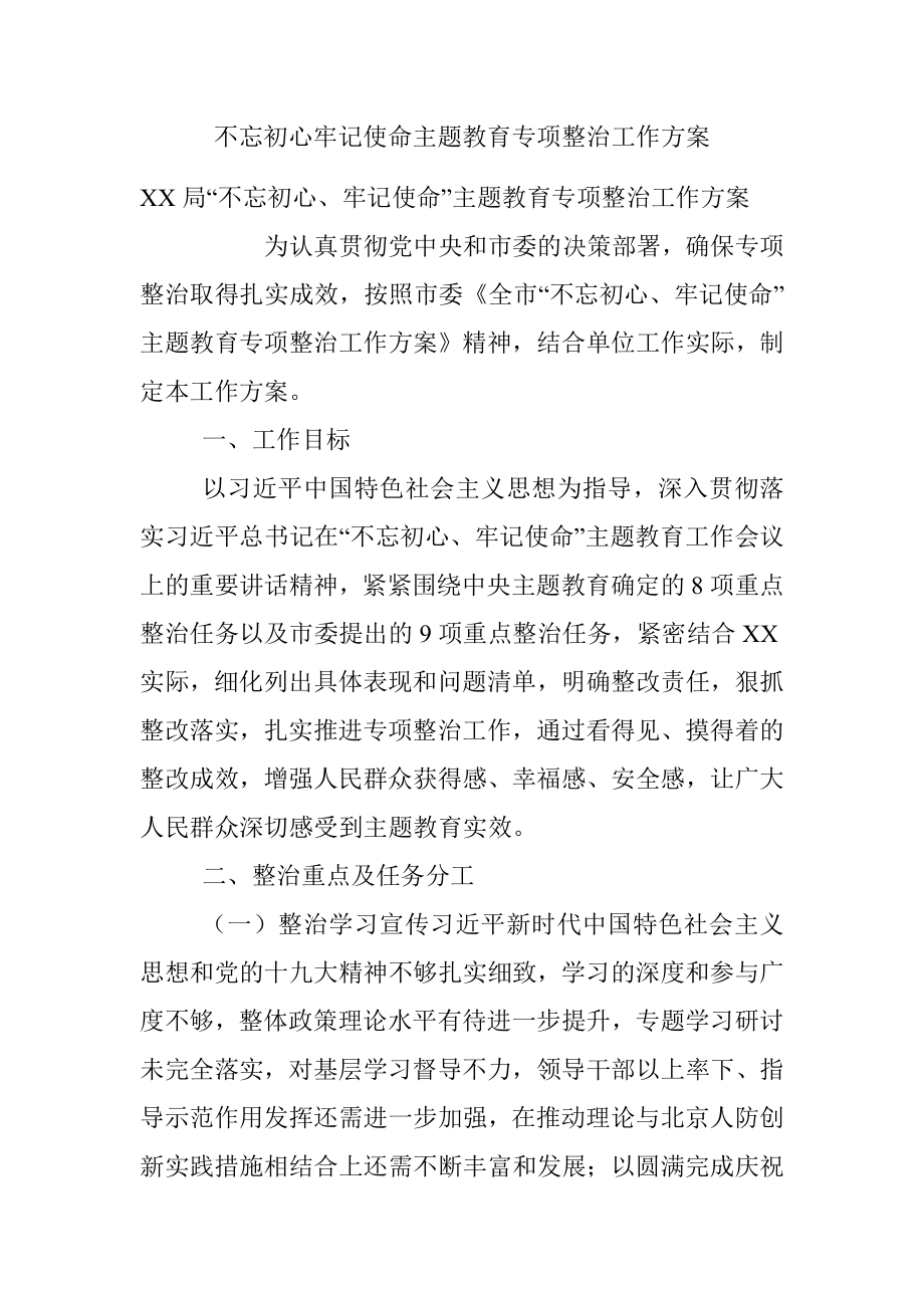 不忘初心牢记使命主题教育专项整治工作方案.docx_第1页