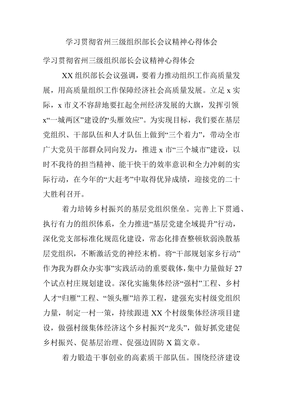 学习贯彻省州三级组织部长会议精神心得体会.docx_第1页