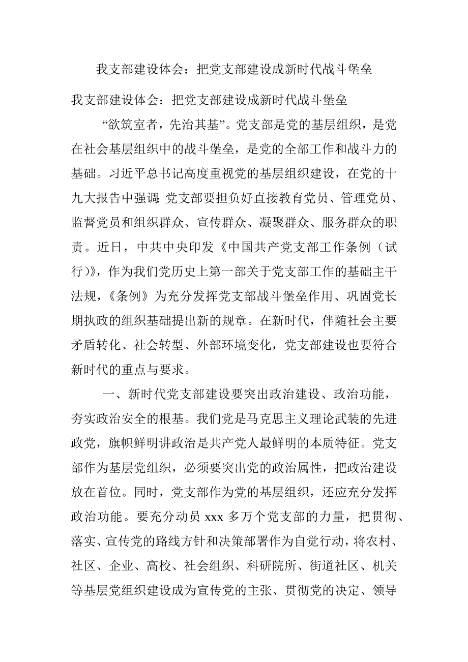 我支部建设体会：把党支部建设成新时代战斗堡垒.docx_第1页