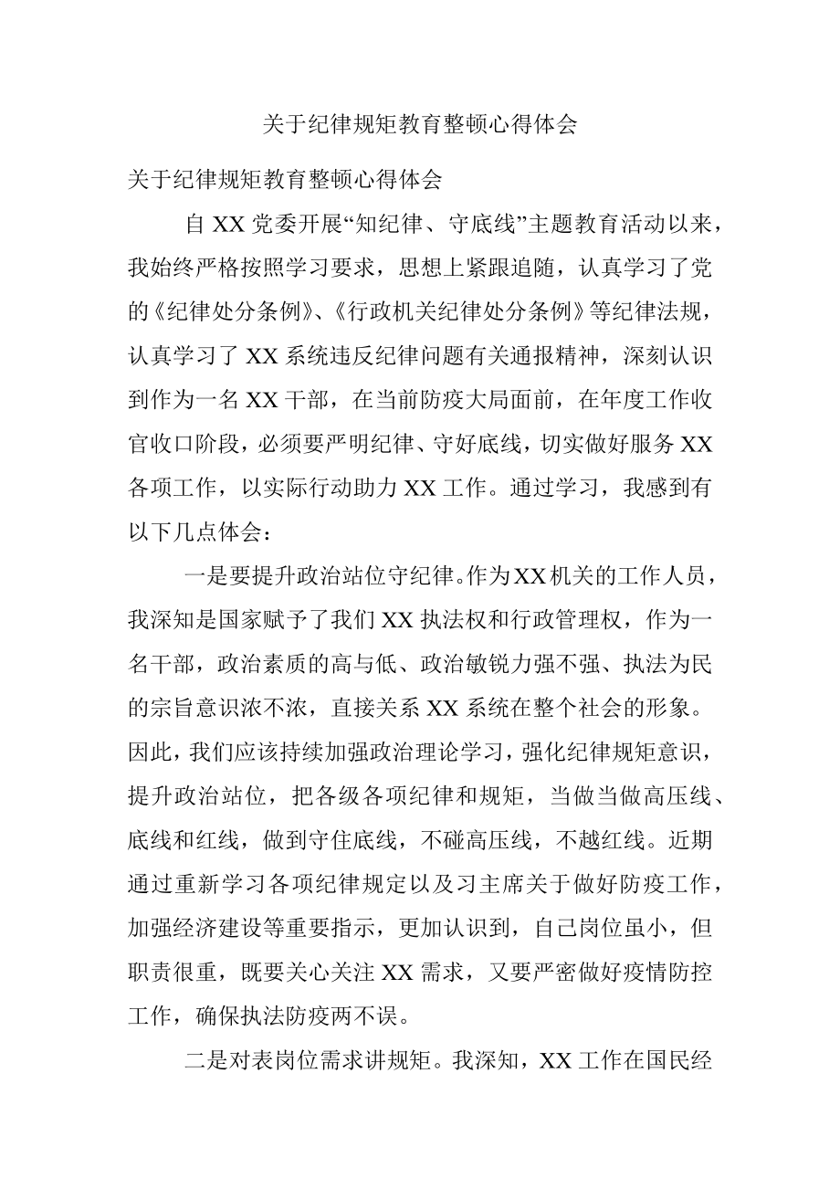 关于纪律规矩教育整顿心得体会.docx_第1页