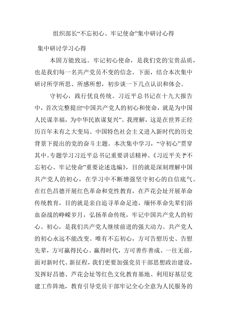 组织部长“不忘初心、牢记使命”集中研讨心得.docx_第1页