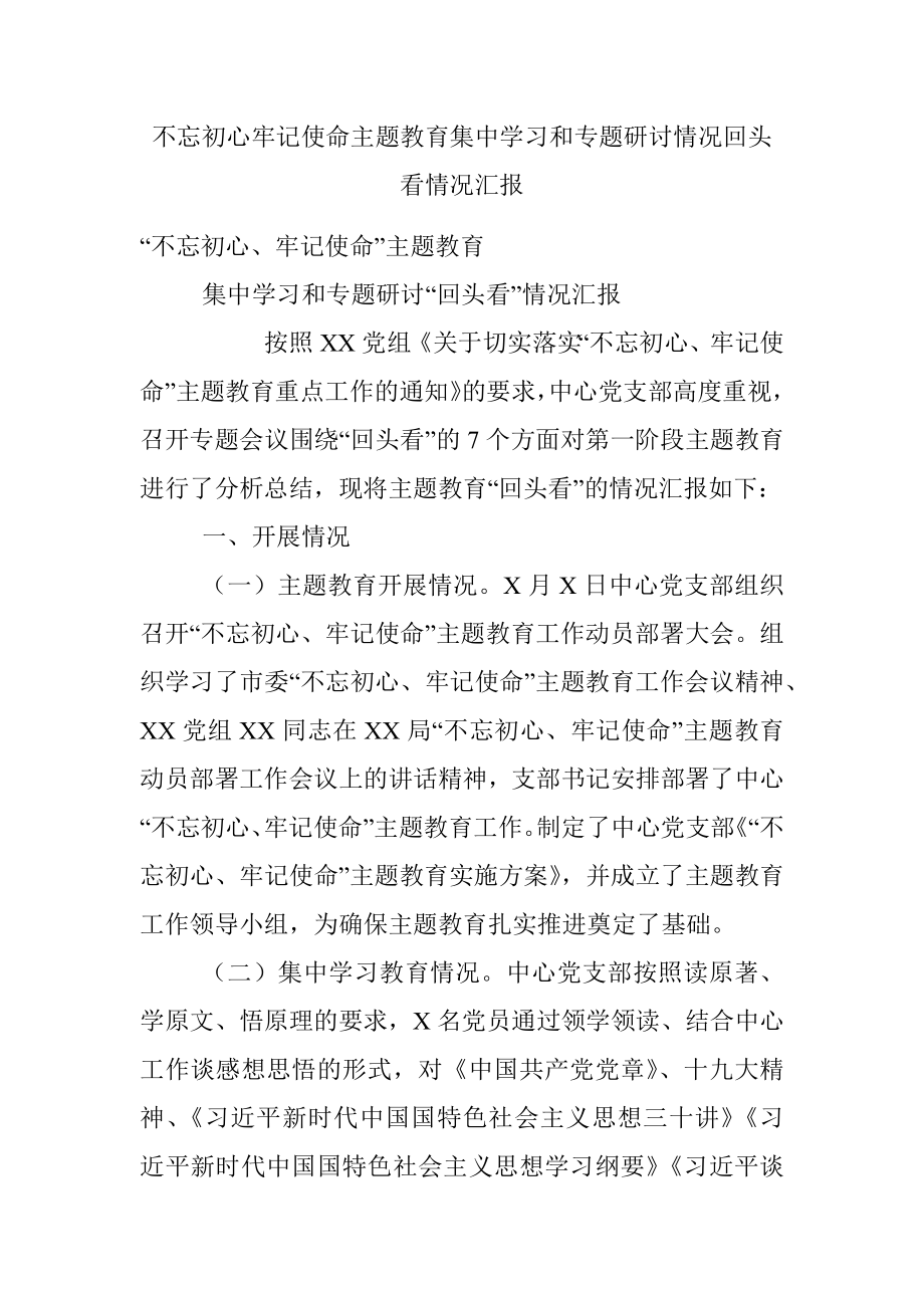 不忘初心牢记使命主题教育集中学习和专题研讨情况回头看情况汇报.docx_第1页