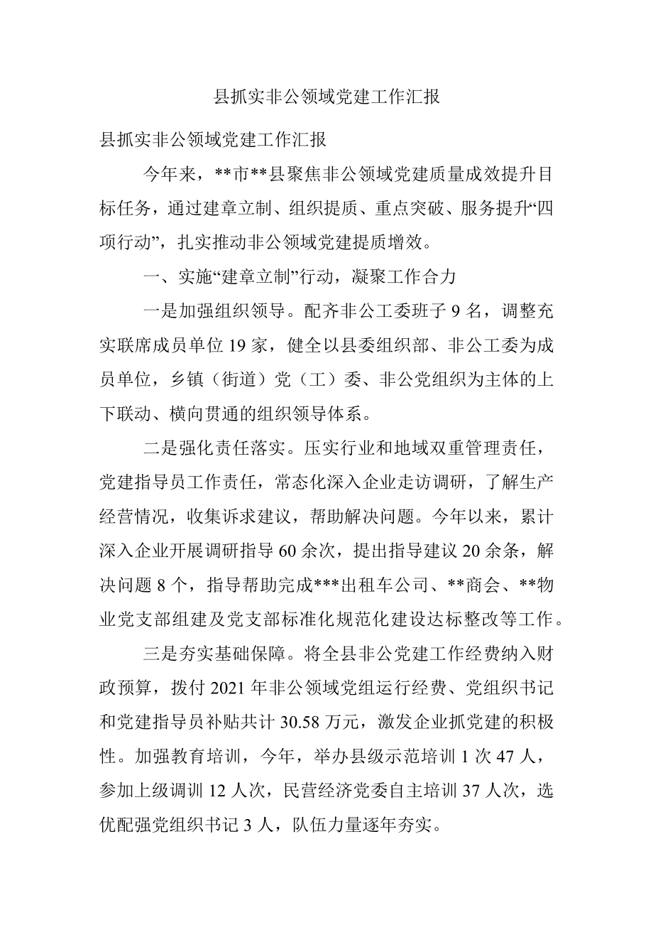 县抓实非公领域党建工作汇报.docx_第1页