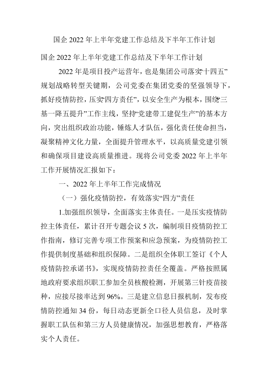 国企2022年上半年党建工作总结及下半年工作计划.docx_第1页