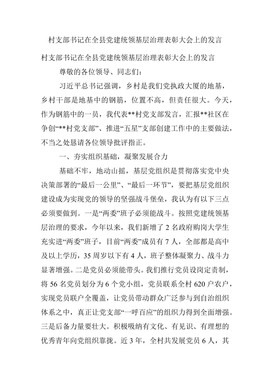 村支部书记在全县党建统领基层治理表彰大会上的发言.docx_第1页