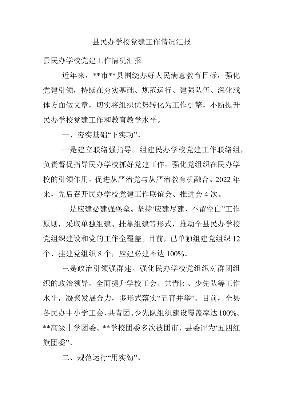 县民办学校党建工作情况汇报.docx_第1页