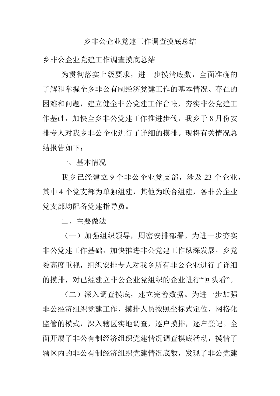 乡非公企业党建工作调查摸底总结_1.docx_第1页