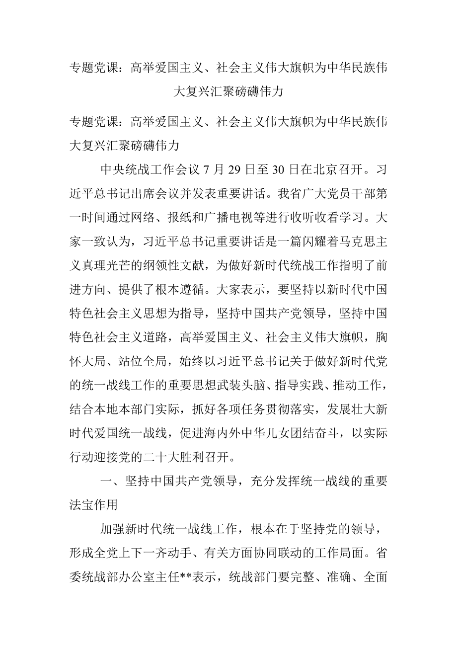 专题党课：高举爱国主义、社会主义伟大旗帜为中华民族伟大复兴汇聚磅礴伟力.docx_第1页