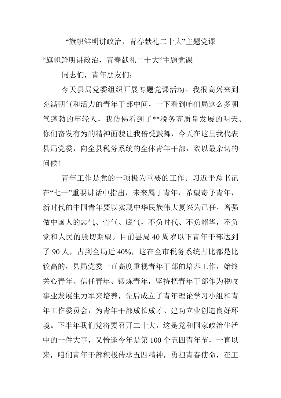 “旗帜鲜明讲政治青春献礼二十大”主题党课.docx_第1页