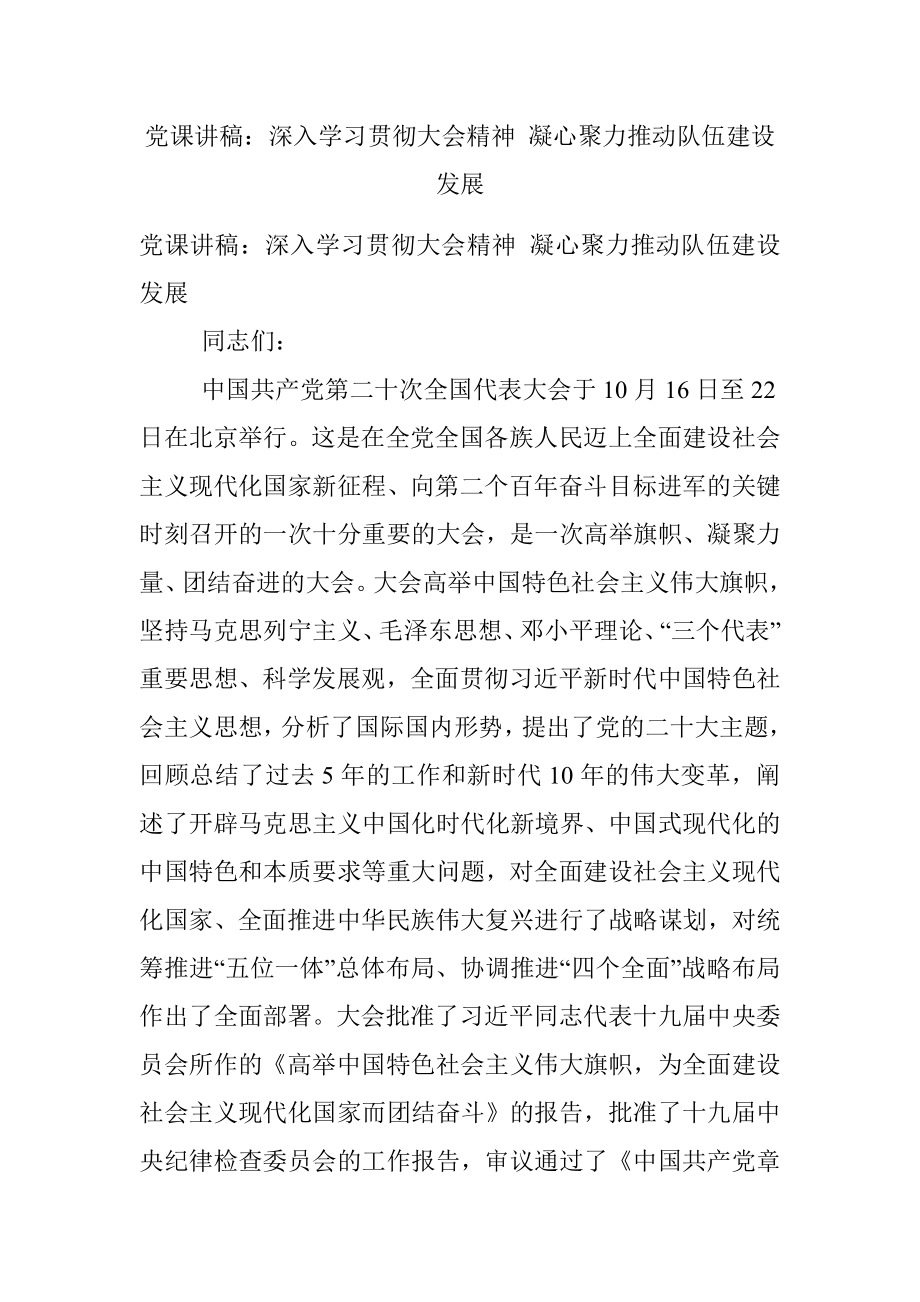 党课讲稿：深入学习贯彻大会精神 凝心聚力推动队伍建设发展.docx_第1页