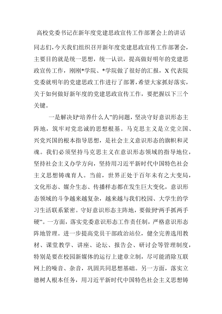 高校党委书记在新年度党建思政宣传工作部署会上的讲话_1.docx_第1页