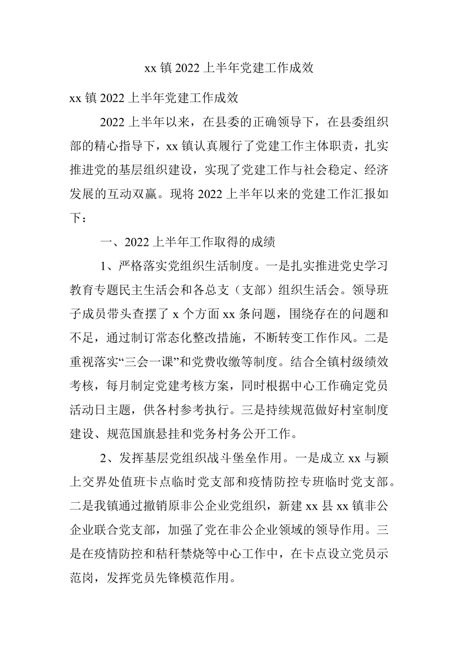 xx镇2022上半年党建工作成效.docx_第1页