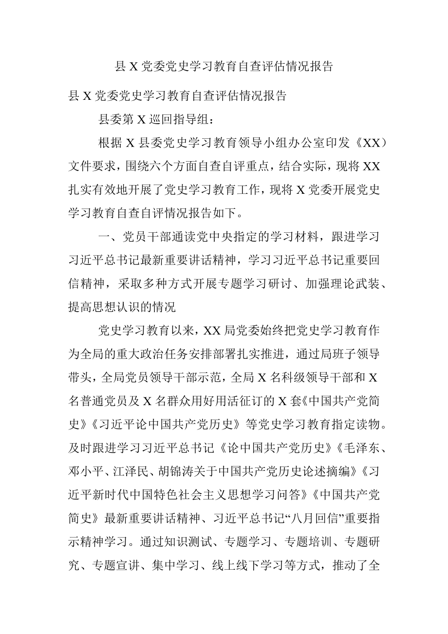 县X党委党史学习教育自查评估情况报告.docx_第1页