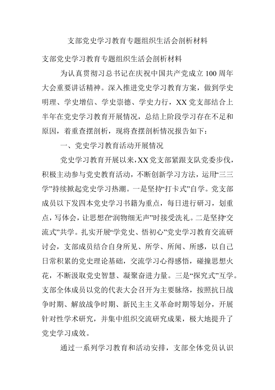 支部党史学习教育专题组织生活会剖析材料.docx_第1页