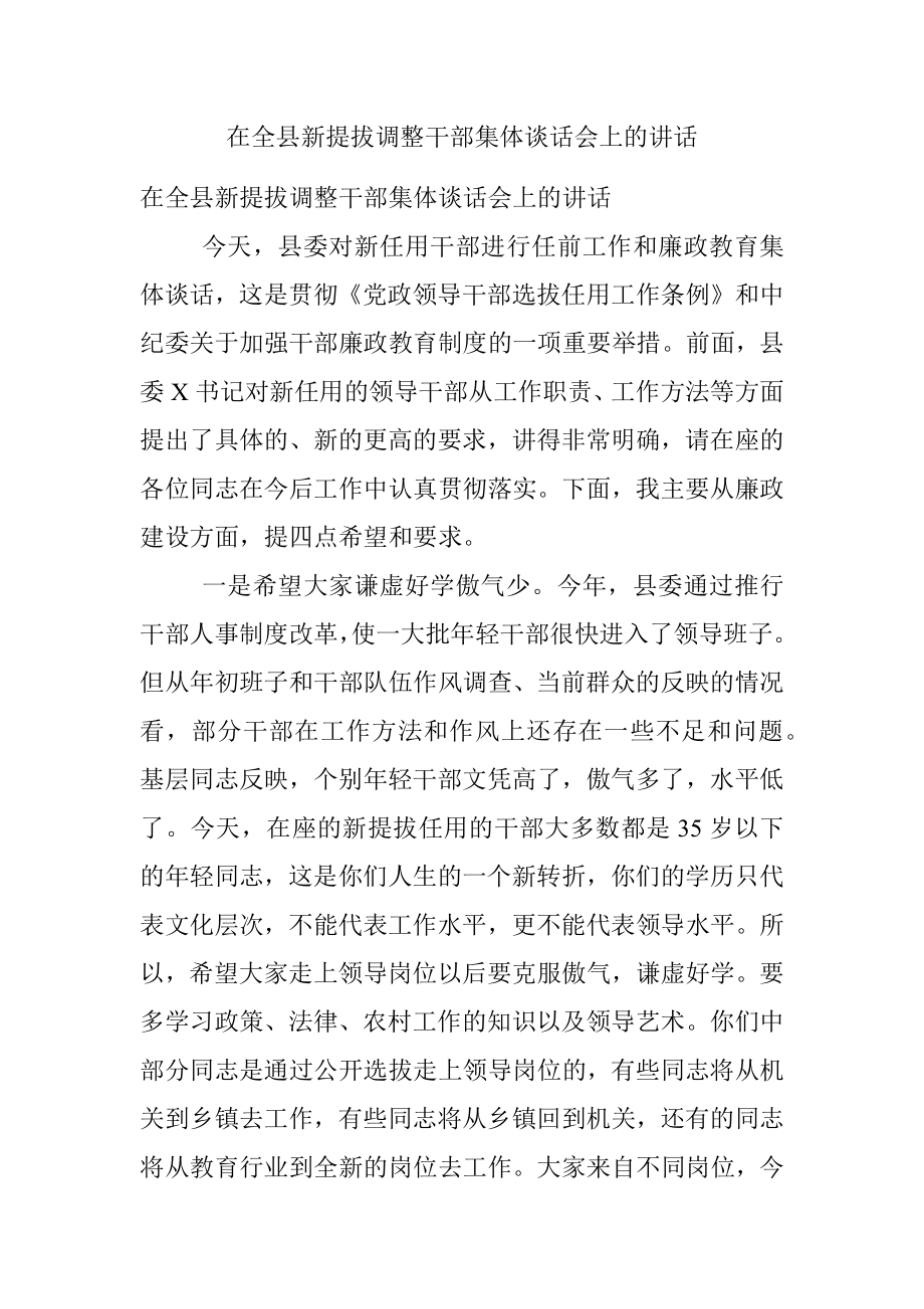 在全县新提拔调整干部集体谈话会上的讲话.docx_第1页