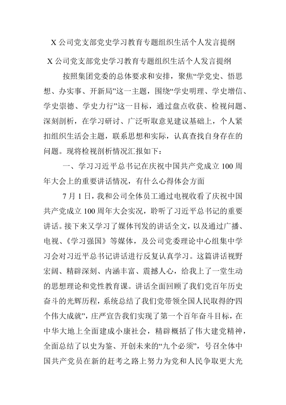 X公司党支部党史学习教育专题组织生活个人发言提纲.docx_第1页